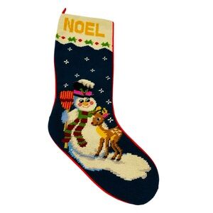 VTG Needlepoint NOEL Christmas Stocking w/Snowman & Reindeer 21” Red Fabric Back